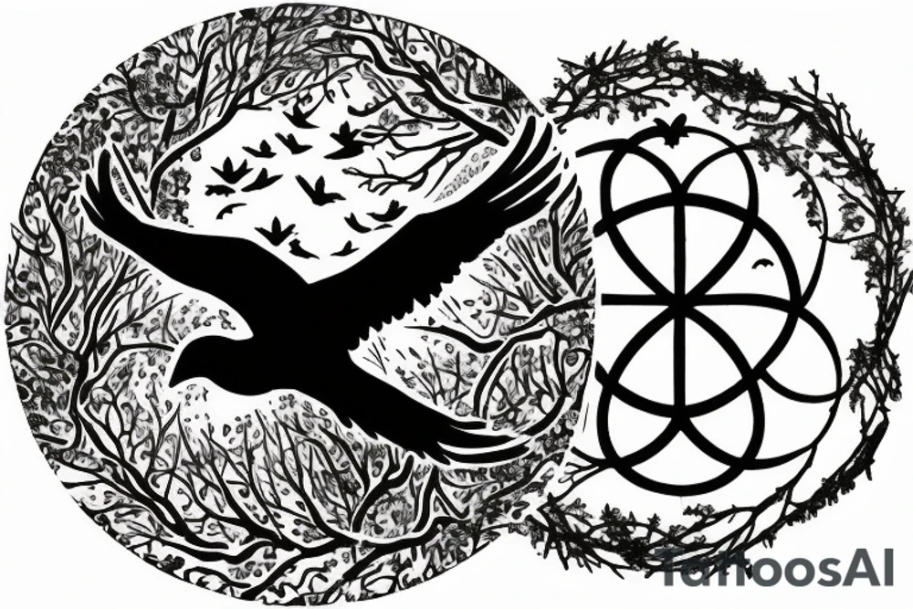Tree of life with ravens flying in the background encompassed in a circle tattoo idea