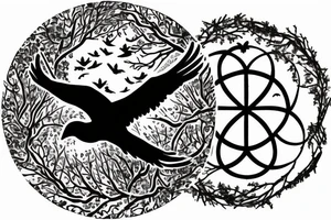Tree of life with ravens flying in the background encompassed in a circle tattoo idea