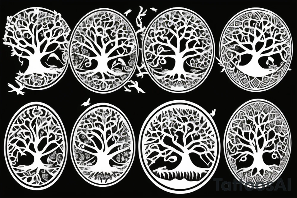 Tree of life with ravens flying in background tattoo idea