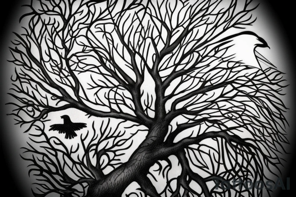 Tree of life with ravens flying in background tattoo idea