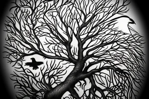 Tree of life with ravens flying in background tattoo idea