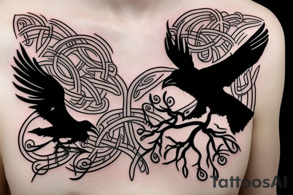 Tree of life with ravens flying in background tattoo idea