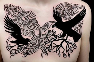 Tree of life with ravens flying in background tattoo idea