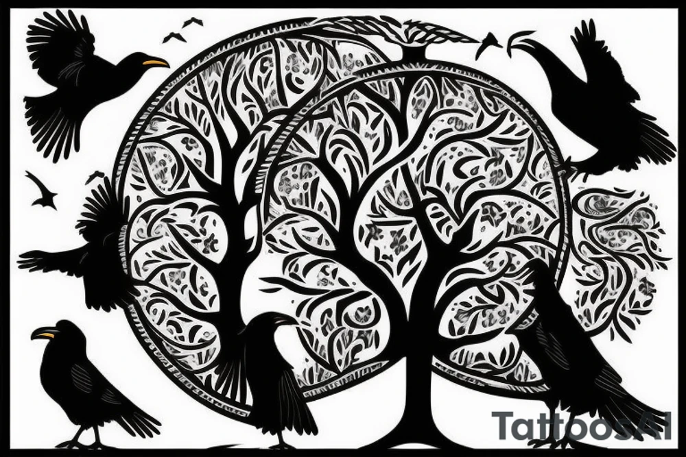 Tree of life with ravens flying in background tattoo idea
