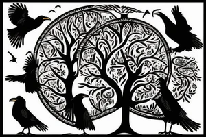 Tree of life with ravens flying in background tattoo idea