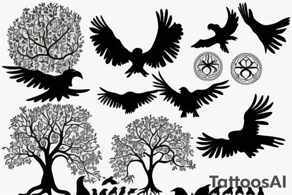 Tree of life with ravens flying in background tattoo idea