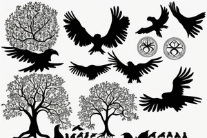 Tree of life with ravens flying in background tattoo idea