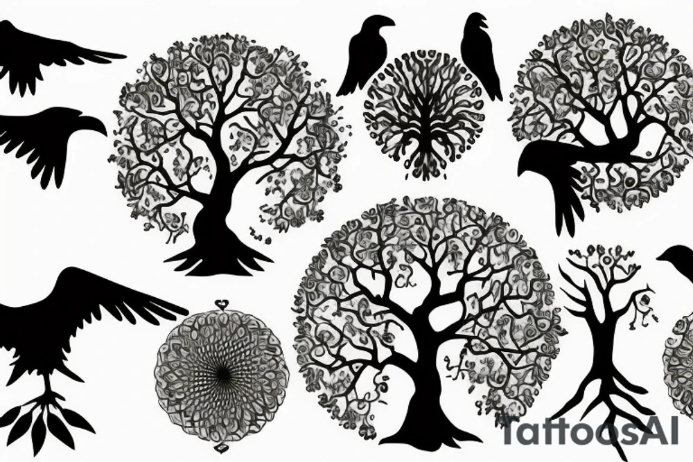 Tree of life with ravens flying in background tattoo idea
