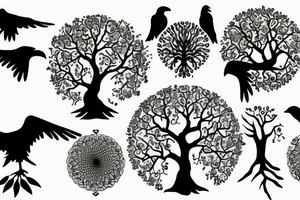 Tree of life with ravens flying in background tattoo idea
