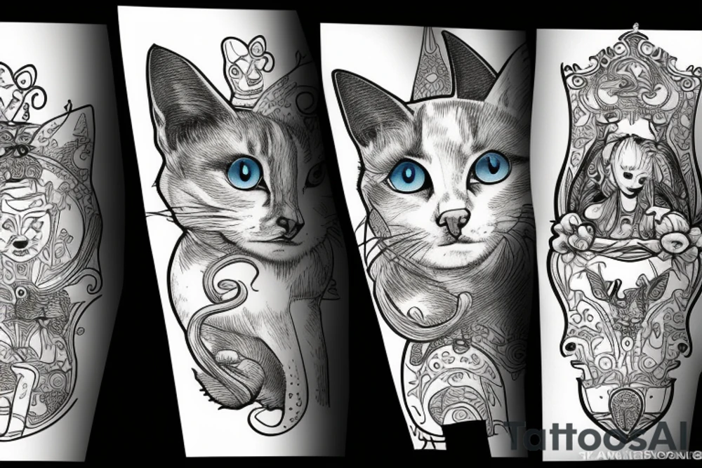 Alice and wonderland cat trippy tattoo idea