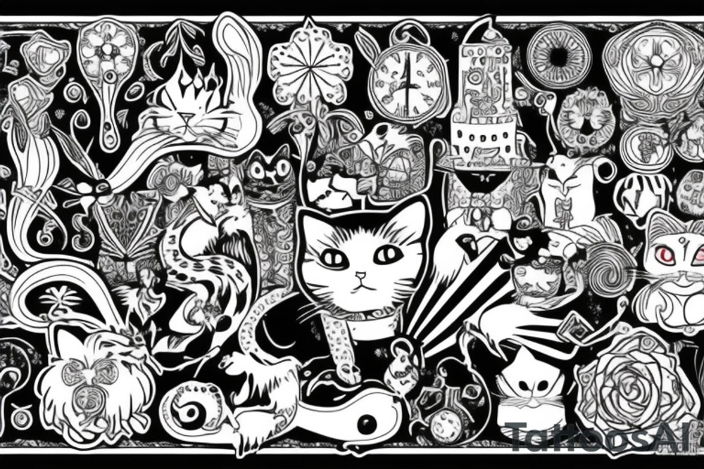 Alice and wonderland cat trippy tattoo idea