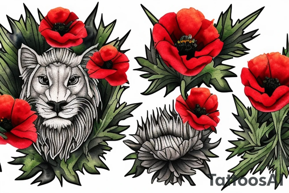 Scottish rampant lion made out of poppies, thistles, zinnias, and other wildflowers tattoo idea