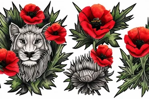 Scottish rampant lion made out of poppies, thistles, zinnias, and other wildflowers tattoo idea