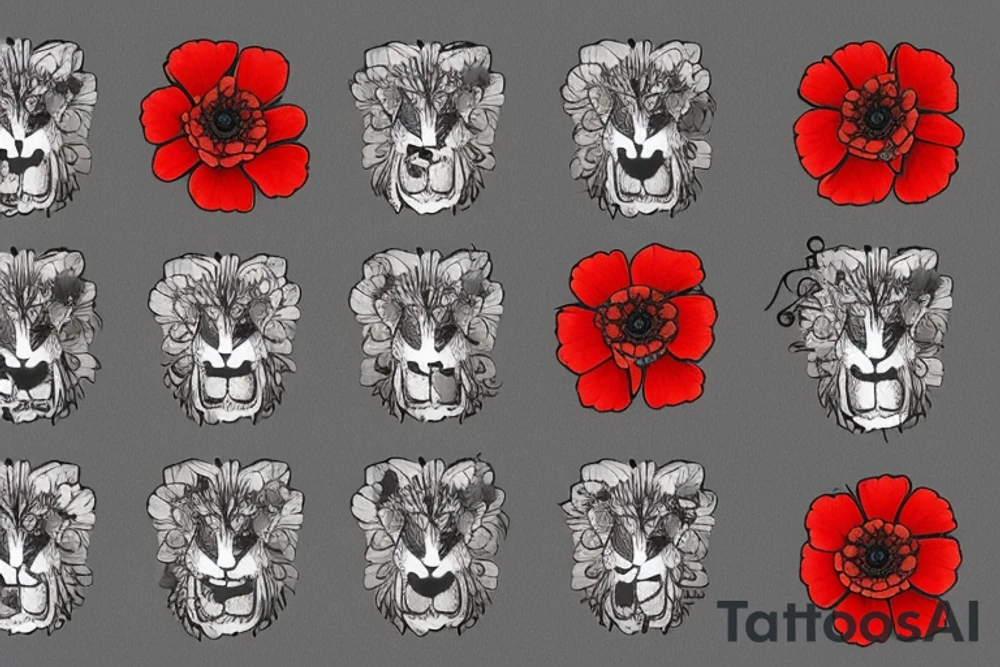 Scottish rampant lion made out of poppies, thistles, zinnias, and other wildflowers tattoo idea