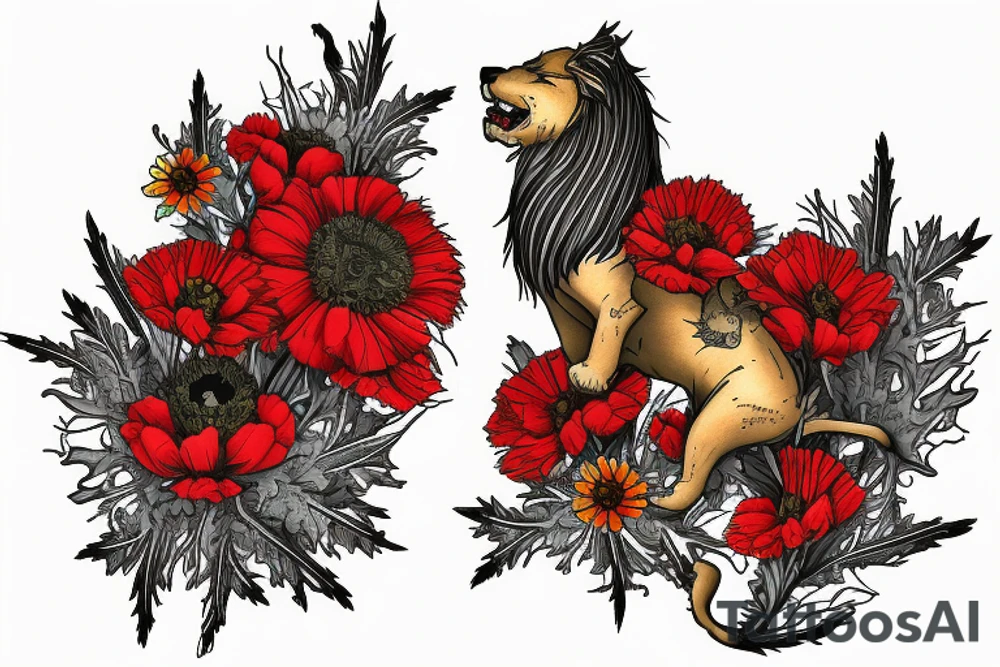 Scottish rampant lion made out of poppies, thistles, zinnias, and other wildflowers tattoo idea