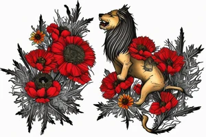 Scottish rampant lion made out of poppies, thistles, zinnias, and other wildflowers tattoo idea