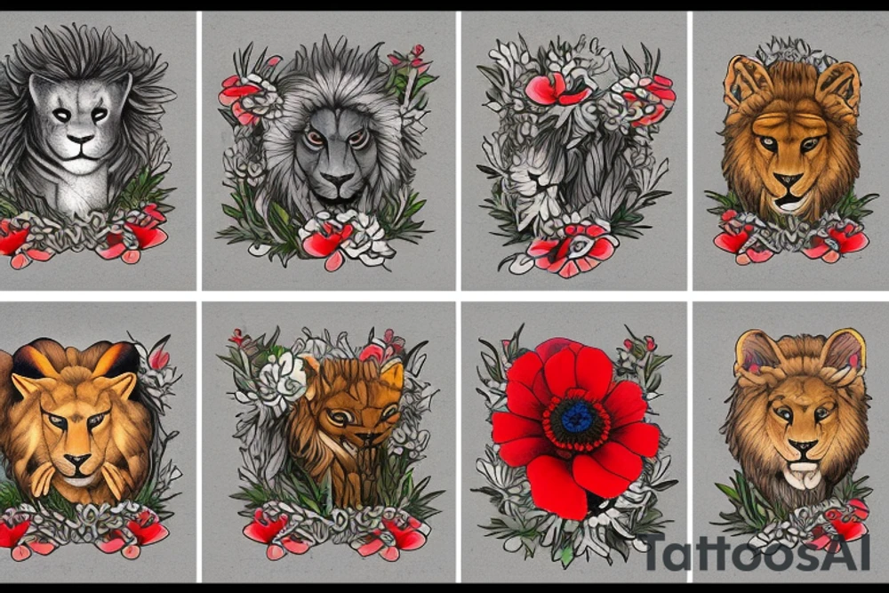 Scottish rampant lion with fur made out of poppies, thistles, zinnias, and other wildflowers tattoo idea