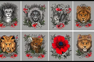 Scottish rampant lion with fur made out of poppies, thistles, zinnias, and other wildflowers tattoo idea