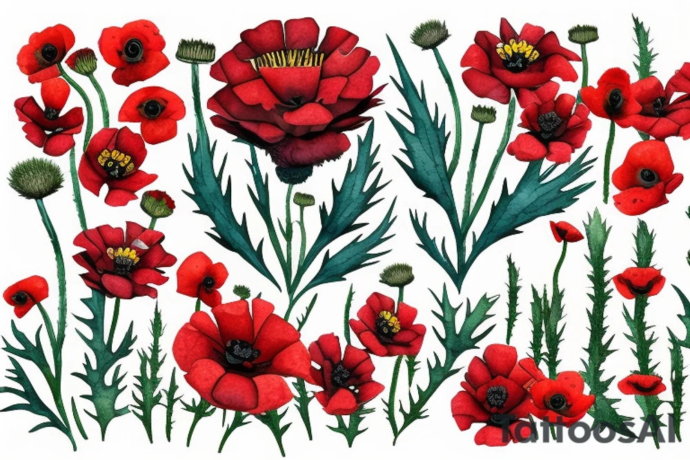 lion made out of poppies, thistles, zinnias, and other wildflowers tattoo idea