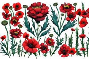 lion made out of poppies, thistles, zinnias, and other wildflowers tattoo idea