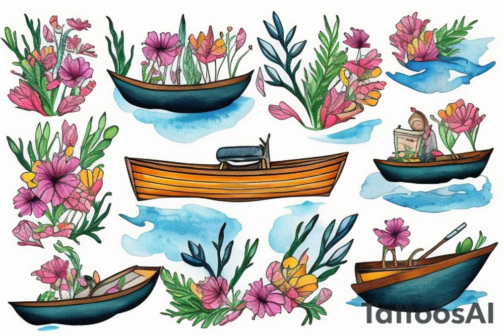 Little boat rowing through a sea of wildflowers tattoo idea