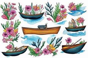 Little boat rowing through a sea of wildflowers tattoo idea