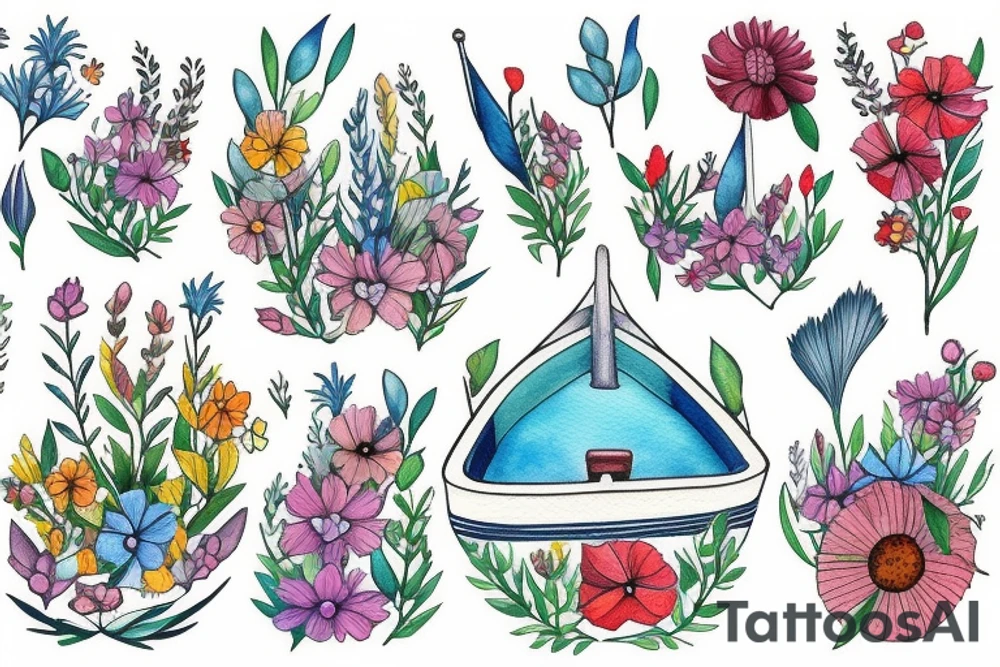Little boat rowing through a sea of wildflowers tattoo idea