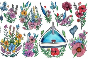 Little boat rowing through a sea of wildflowers tattoo idea