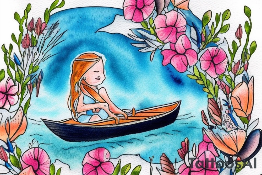 Little boat with a girl in it rowing through a sea of wildflowers tattoo idea