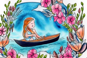 Little boat with a girl in it rowing through a sea of wildflowers tattoo idea