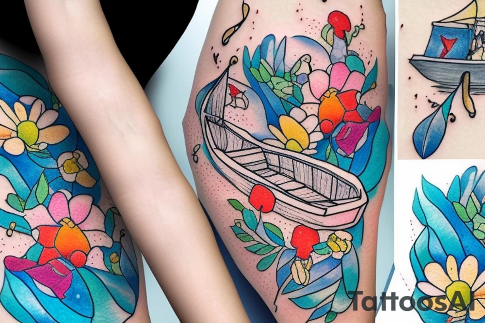 Little boat with a girl in it rowing through a sea of wildflowers tattoo idea