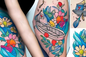 Little boat with a girl in it rowing through a sea of wildflowers tattoo idea