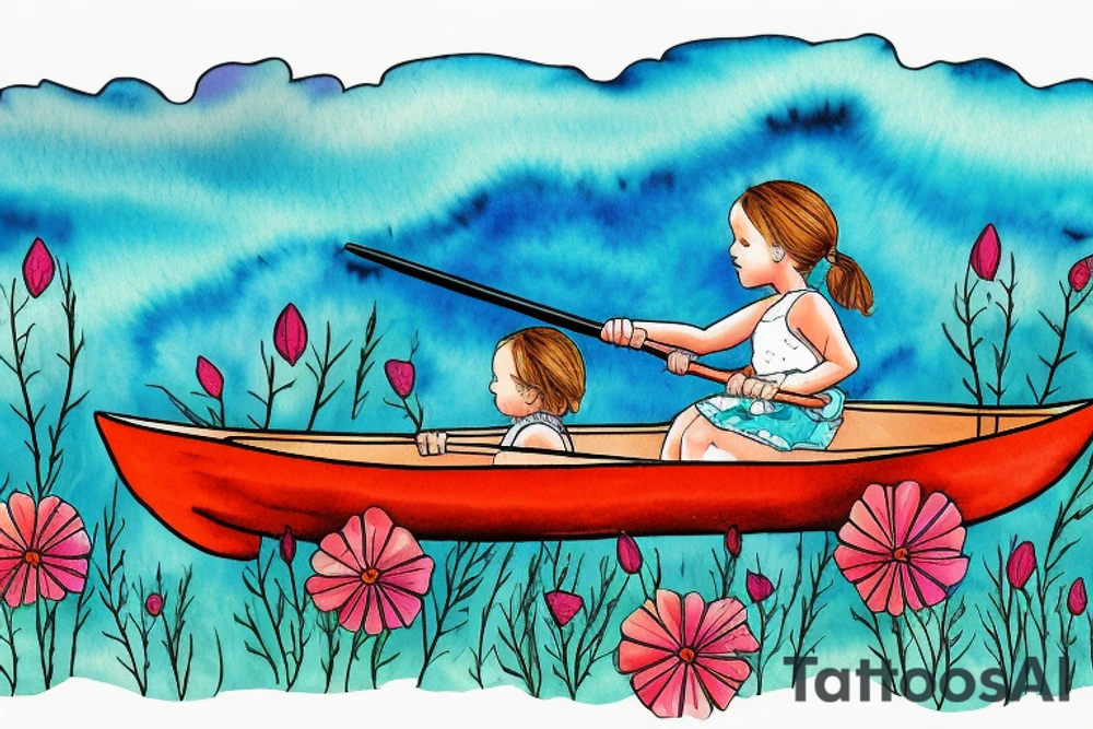 Row boat with a small girl in it rowing through a sea of wildflowers tattoo idea