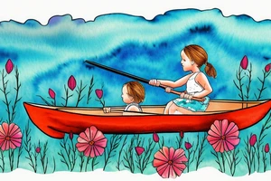 Row boat with a small girl in it rowing through a sea of wildflowers tattoo idea