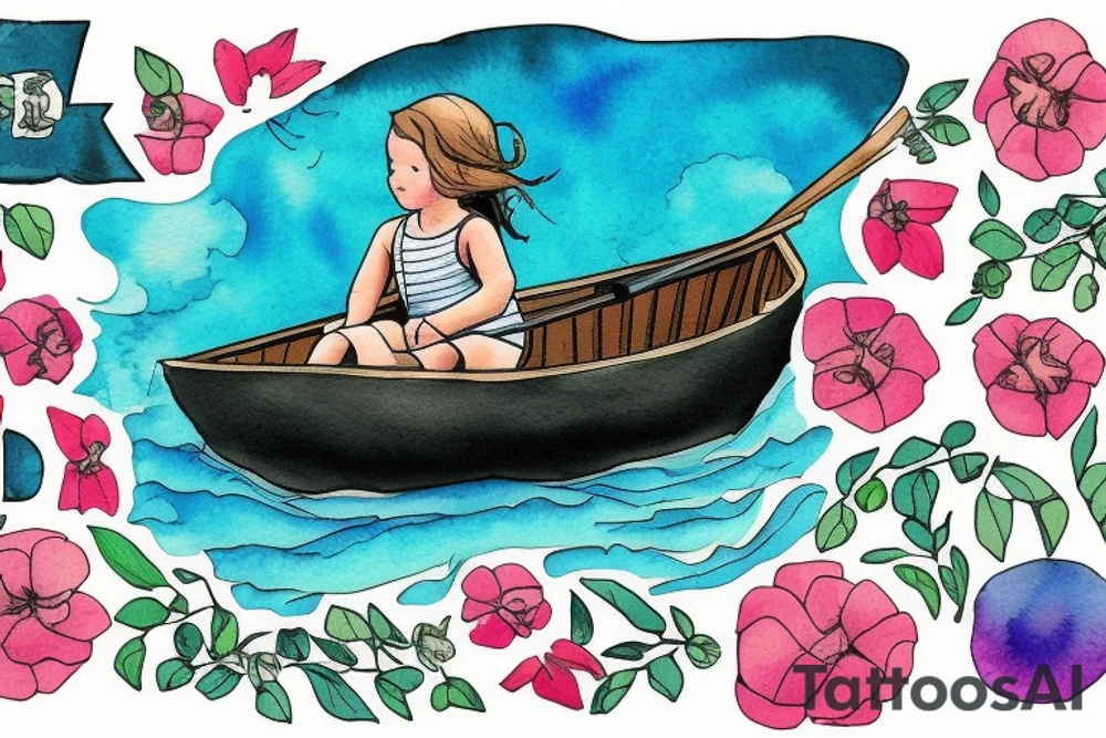 Row boat with a small girl in it rowing through a sea of wildflowers tattoo idea