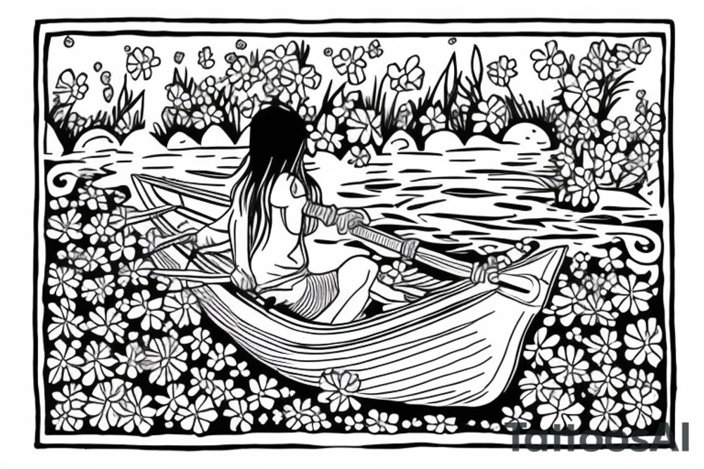 Row boat with a small girl in it rowing through a sea of wildflowers tattoo idea