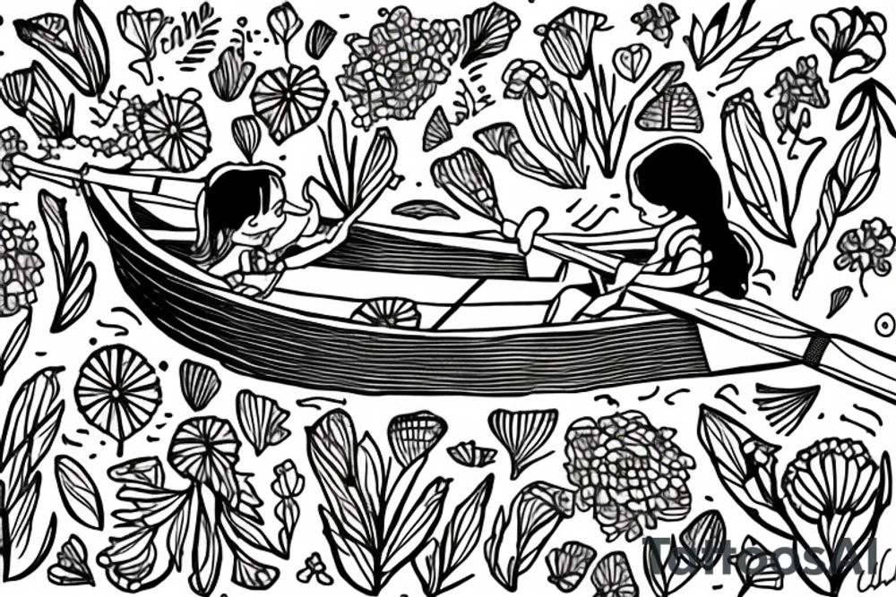 Row boat with a small girl in it rowing through a sea of wildflowers tattoo idea