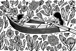 Row boat with a small girl in it rowing through a sea of wildflowers tattoo idea