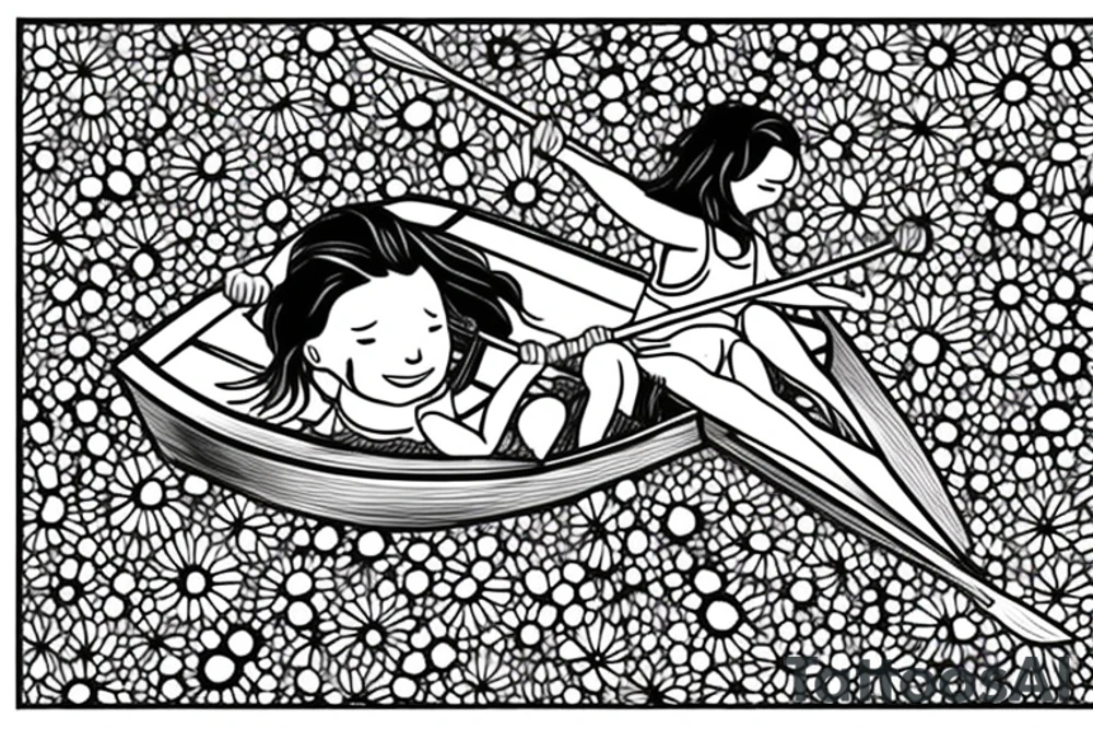 Row boat with a small girl in it rowing through a sea of wildflowers tattoo idea