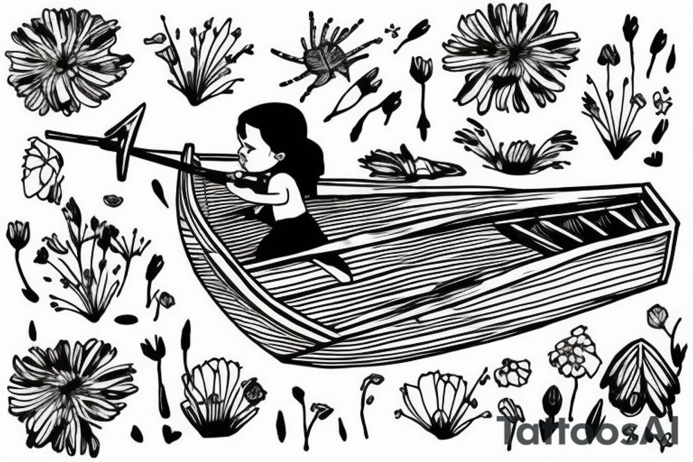 Row boat with a small girl in it rowing through a sea of wildflowers tattoo idea