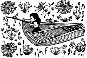 Row boat with a small girl in it rowing through a sea of wildflowers tattoo idea