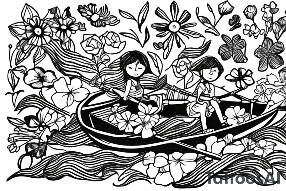 Row boat made of wildflowers with a small girl in it rowing through a sea tattoo idea