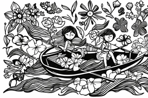 Row boat made of wildflowers with a small girl in it rowing through a sea tattoo idea