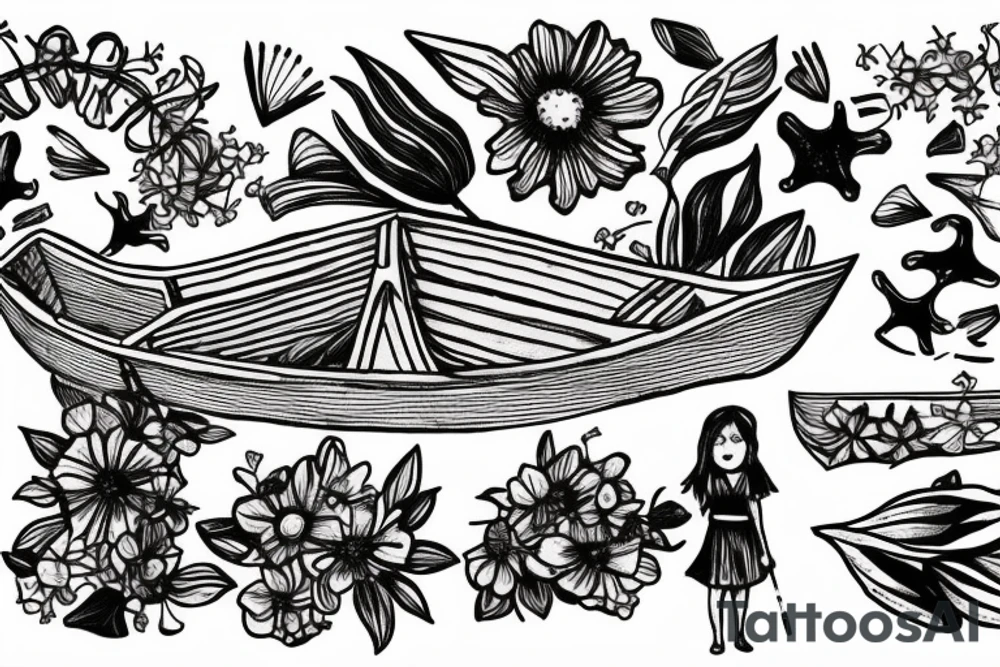 Row boat made of wildflowers with a small girl in it rowing through a sea tattoo idea