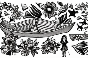 Row boat made of wildflowers with a small girl in it rowing through a sea tattoo idea