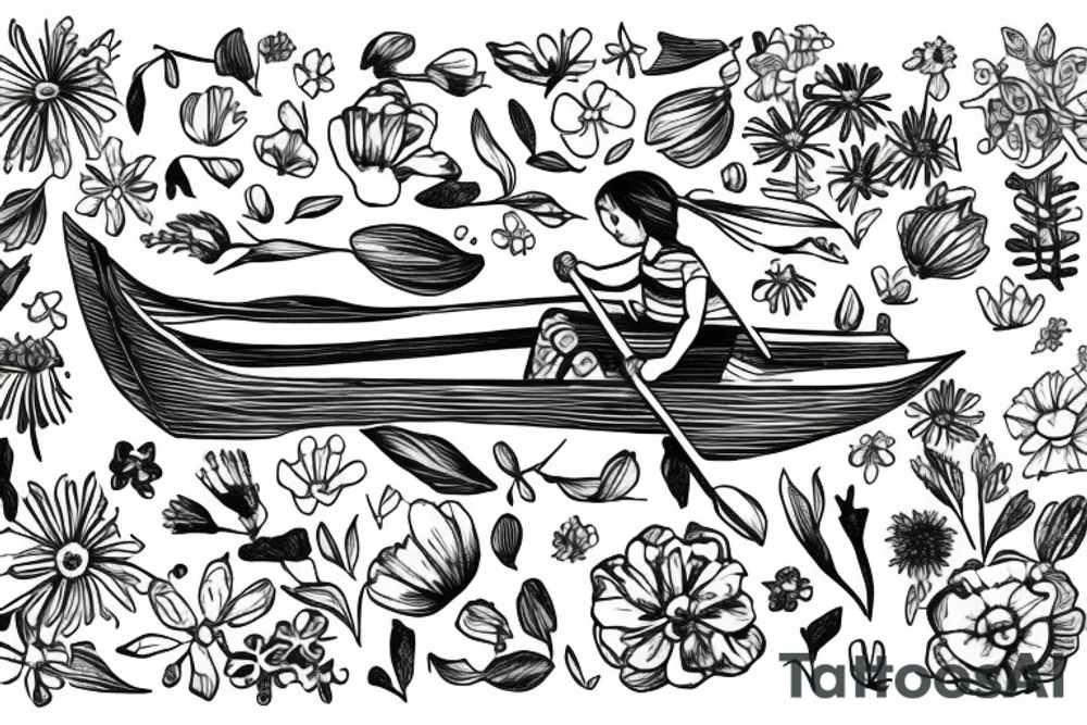 Row boat made of wildflowers with a small girl in it rowing through a sea tattoo idea