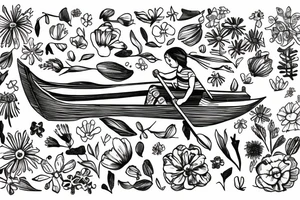 Row boat made of wildflowers with a small girl in it rowing through a sea tattoo idea