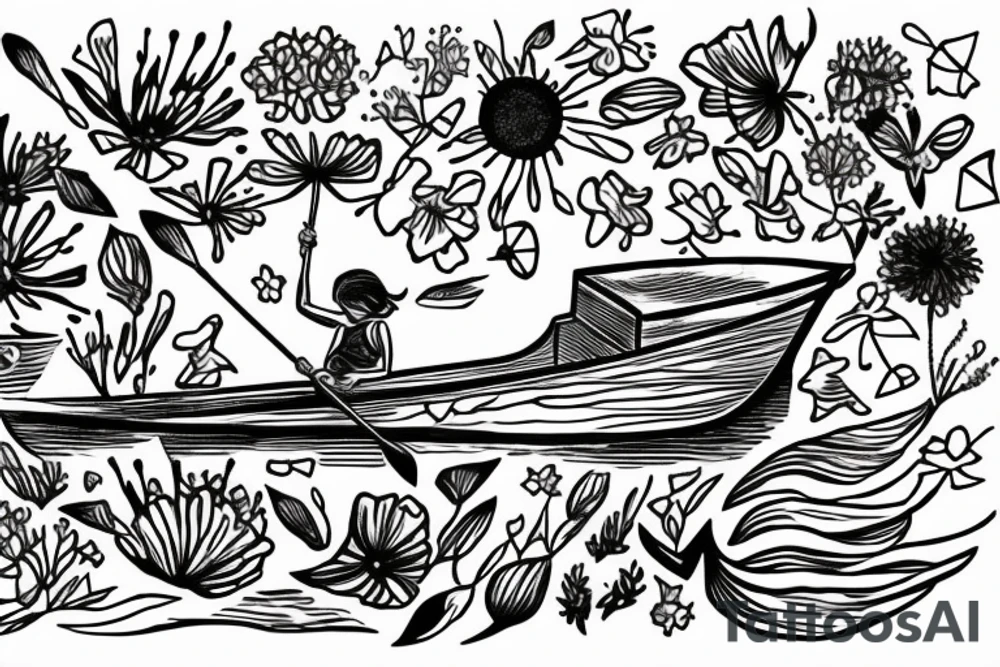 Row boat made of wildflowers with a small girl in it rowing through a sea tattoo idea
