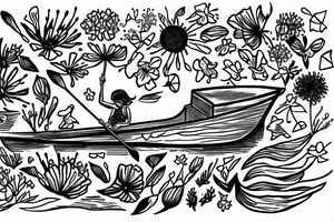 Row boat made of wildflowers with a small girl in it rowing through a sea tattoo idea