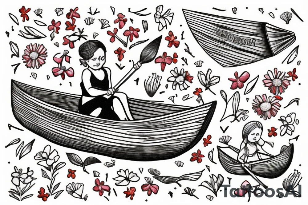 Row boat made of wildflowers with a small girl in it rowing through a sea tattoo idea